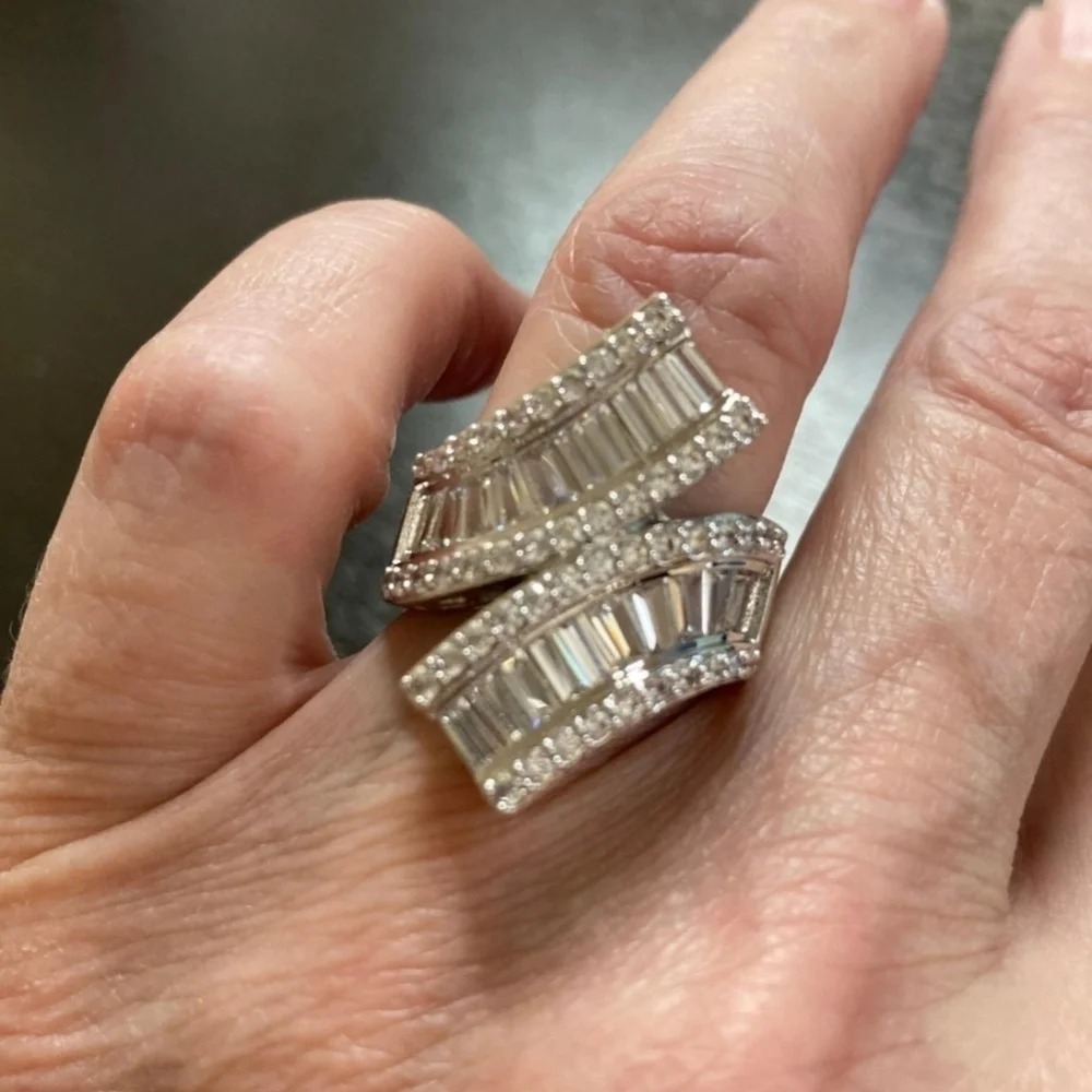 Double Band Baguette Cut Diamonds White Gold Ring Stacked Curved Statement Gift